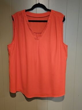 Bright Coral Orange Sleeveless Blouse 2X Plus Size V-Neck Flowy Top Lightweight